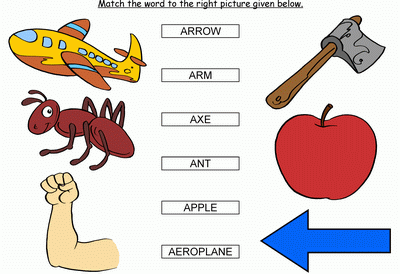 Kids Activity -Match the words Starting with a, Black & white Picture