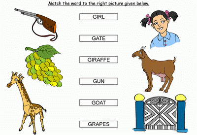 Kids Activity -Match the words Starting with g, Black & white Picture