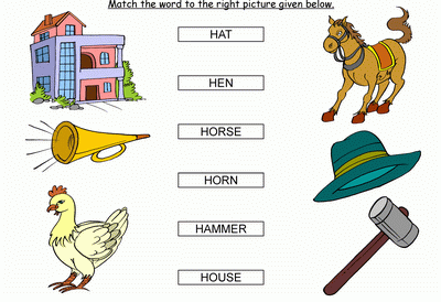 Kids Activity -Match the words Starting with h, Black & white Picture