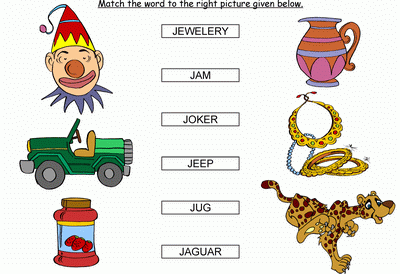 Kids Activity -Match the words Starting with j, Black & white Picture