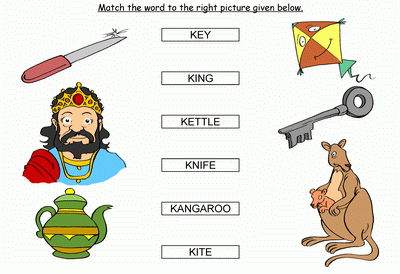 Kids Activity -Match the words Starting with k, Black & white Picture