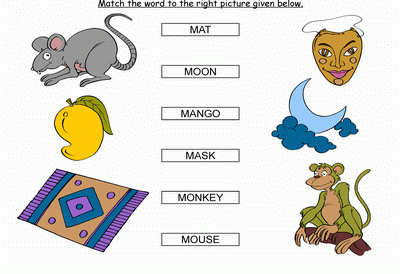 Kids Activity -Match the words Starting with m, Black & white Picture
