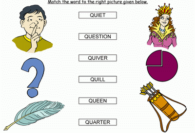 Kids Activity -Match the words Starting with q, Black & white Picture