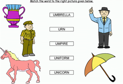 Kids Activity -Match the words Starting with u, Black & white Picture