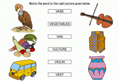 Kids Activity -Match the words Starting with v, Black & white Picture