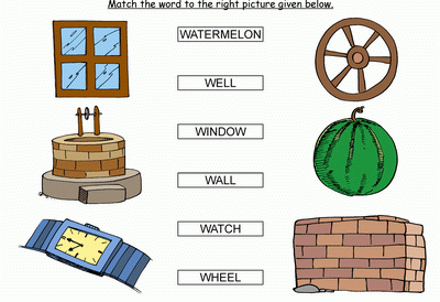 Kids Activity -Match the words Starting with w, Black & white Picture