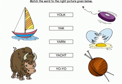 Kids Activity -Match the words Starting with y, Black & white Picture
