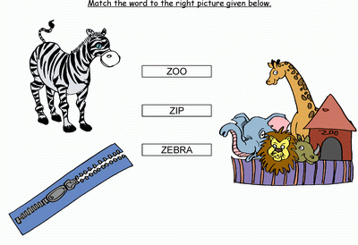 Kids Activity -Match the words Starting with z, Black & white Picture