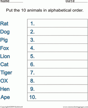 Animals Alphabetical Worksheet Sheet