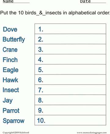 Birds & Insects Alphabetical Worksheet Sheet
