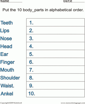 Printable Body Parts Alphabetical Worksheet Coloring