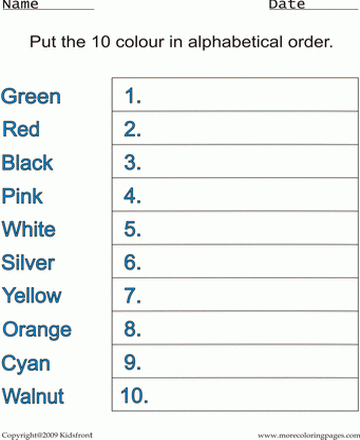 Colours Alphabetical Worksheet Sheet