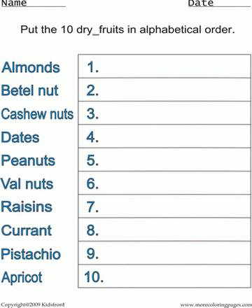 Dry Fruits Words Alphabetical Worksheet Sheet