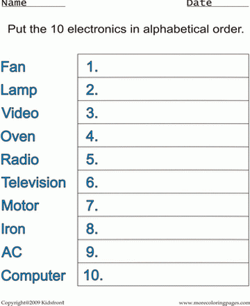 Electronics Alphabetical Worksheet Sheet