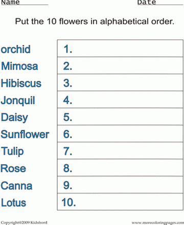 Flowers Alphabetical Worksheet Sheet