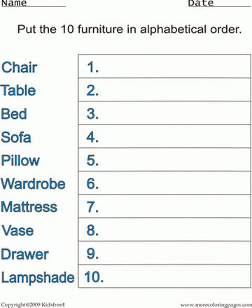 Furniture Alphabetical Worksheet Sheet