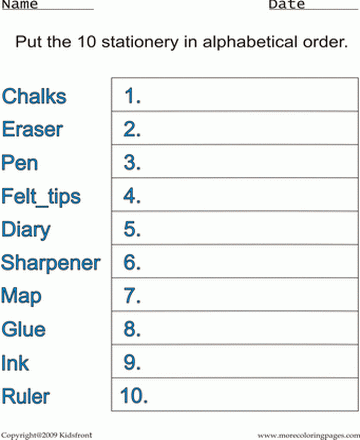 Stationery Alphabetical Worksheet Sheet