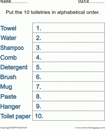 Toiletries Alphabetical Worksheet Sheet