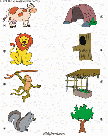 Kids Activity -Match Animals(Lion, Cow,Monkey, Squirrel) with their Home., Black & white Picture