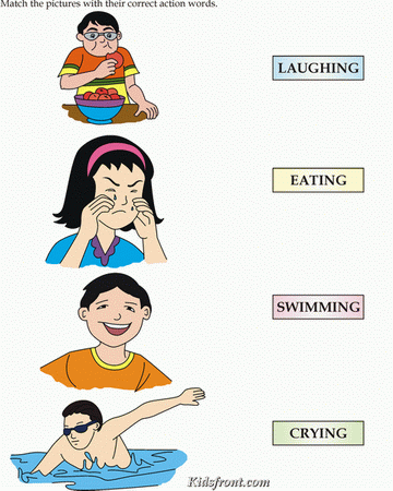 Kids Activity -Match Boy Eating, Girl crying, Boy swimming, Boy Laughing., Black & white Picture