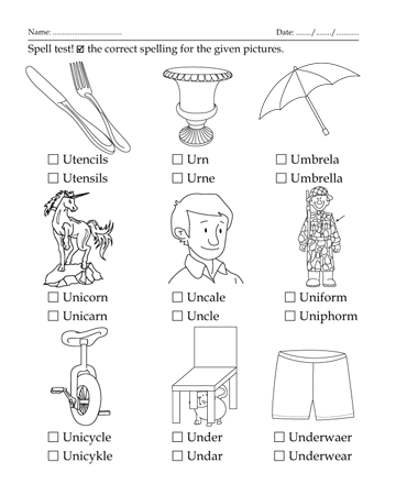 Spelling Test Letter Start With U Sheet