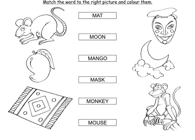 Kids Activity -Match the words Starting with m, colored Picture