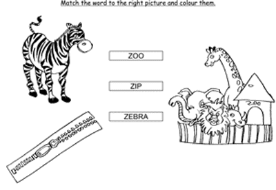 Kids Activity -Match the words Starting with z, colored Picture