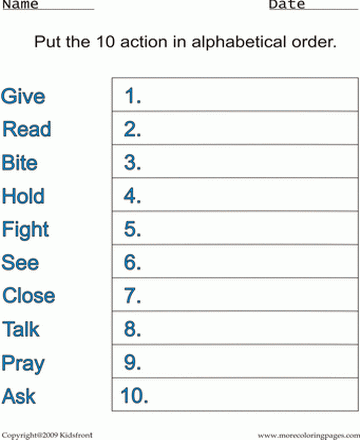 Action Alphabetical Worksheet Sheet