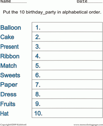Birthday Party Alphabetical Worksheet Sheet