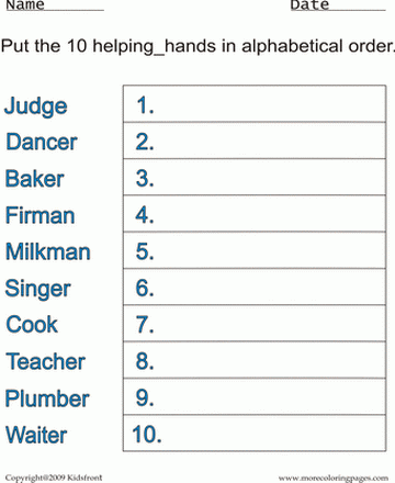 Helping Hand Alphabetical Worksheet Sheet