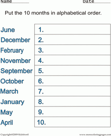 Months Alphabetical Worksheet Sheet