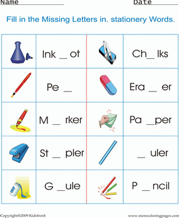 Stationery Worksheet Sheet