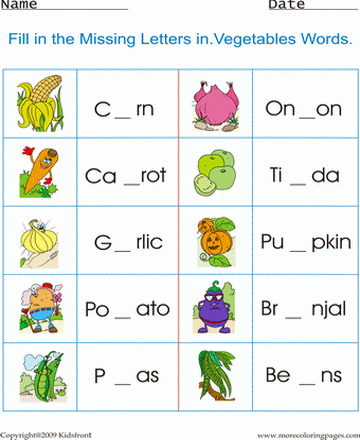 Vegitables Worksheet Sheet