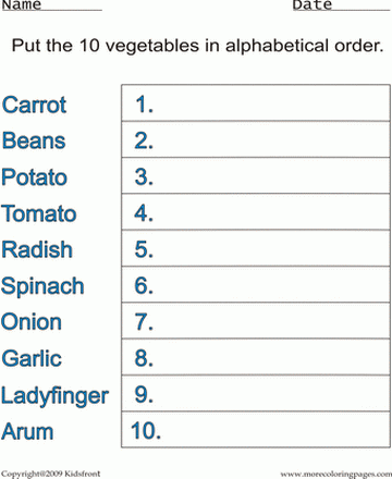 Vegitables Alphabetical Worksheet Sheet