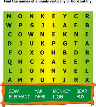Kids Activity -Find the name of animals vertically & horozontally., Black & white Picture