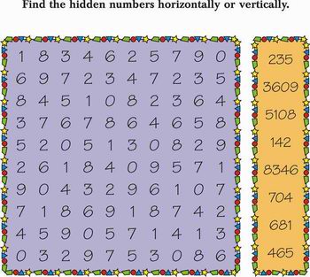 Kids Activity -Find the hidden numbers vertically & horozontally., Black & white Picture