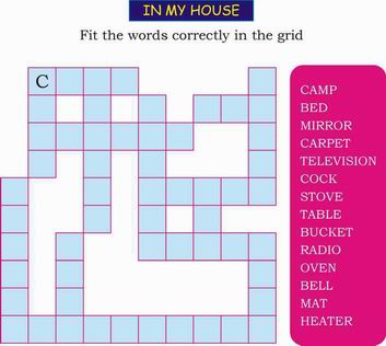 Kids Activity -Fit Words given below correctly in grid, Black & white Picture
