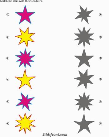 Kids Activity -Match the shadow of stars, Black & white Picture