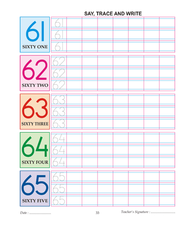 Digit And Number 61,62,63,64 And 65 Sheet