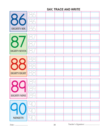 Digit And Number 86,87,88,89 And 90 Sheet