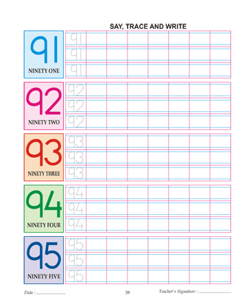 Digit And Number 91,92,93,94 And 95 Sheet