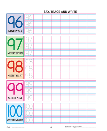 Digit And Number 96,97,98,99 And 100 Sheet