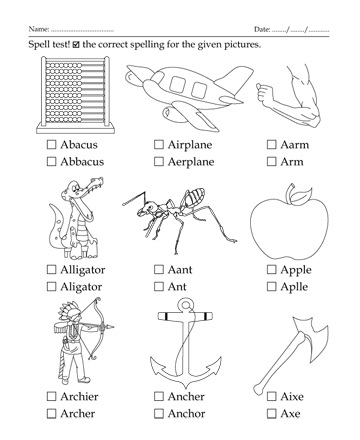 Spelling Test Letter Start With A Sheet